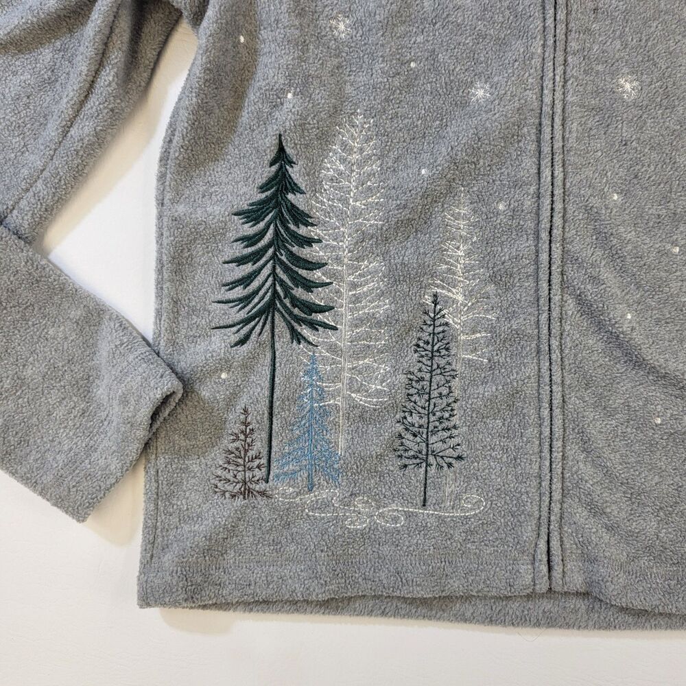 Croft & Barrow Full Zip Jacket Christmas Trees Snowflake Embroidered Gray Fleece - Picture 3 of 9